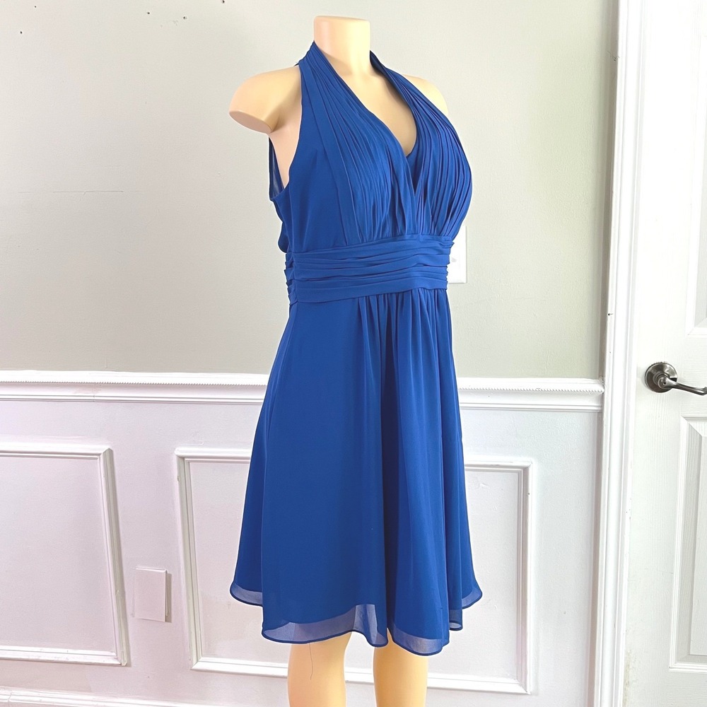 Bill Levkoff Formal Dress Halter Cocktail Wedding Sheer Royal Blue Party Flowey